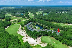 Aerial shot of our building on the 8th green and the monster par 5 9th hole