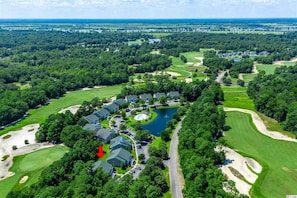 Aerial showing our building....just a 6 iron shot to the pool