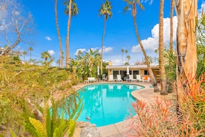 Lush landscaping surrounds your front yard pool area