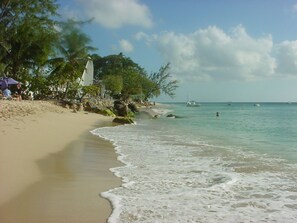 Coral sandy beach low tide, 4-5 minute walk to the Caribbean Sea.