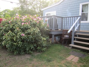 yard side view of deck, new deck flooring.