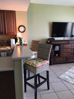 Bar Stools w/Pad also 55" High Def Flat screen TV in the Living Room. 