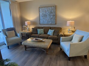 Comfortable living room with view of the ocean