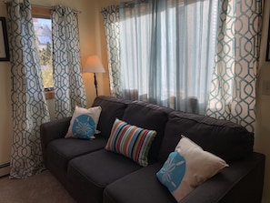 Cozy, light-filled living room with new couch and new plush carpeting.