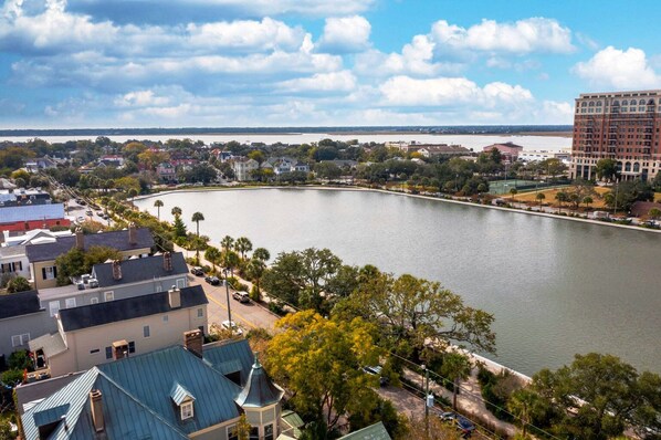 View of Colonial Lake, facing Charmingly Charleston in opposite corner.