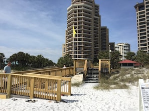 Westwinds boardwalk, ramp all the way to the beach.  Beach wheelchair available.