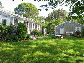 Back yard showing picnic tables. The garage is to the right...with a surprise...