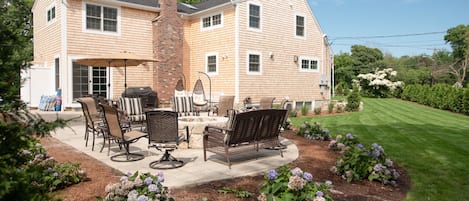 back of house with large patio & firepit & grill