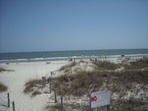 Soft sand for sunbathers and packed sand near water for biking/walking.
