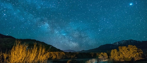 The cabin's backyard.  Fire pit under the stars.