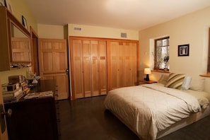 Master bedroom with King bed, downstairs with adjoining master bath.