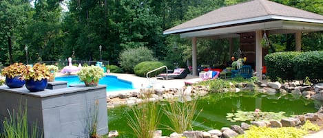 fish pond pool  waterfall pavilion w/outdoor fireplace