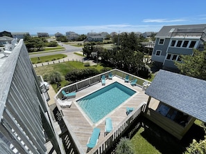 Birdseye view of Oversized Pool, with privacy fence,  w/New Cabana for shade!