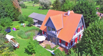 Half-timbered house on the lake for groups up to 23 guests, with event room and extra kitchen