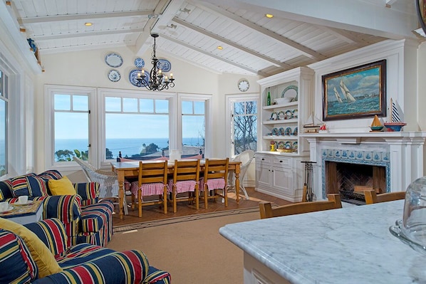Dinning Room with fireplace and view from Gourmet Kitchen 