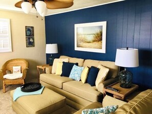 Living Room with queen sleeper sofa.