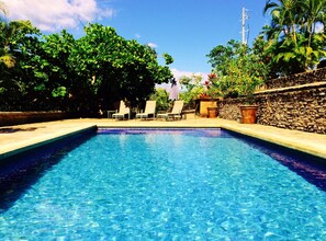 Relax next to the pool with a cocktail or fresh fruit beverage.