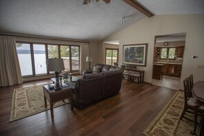 Our living room looks out over the lake and has a smart TV