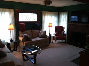 living room with fireplace.
