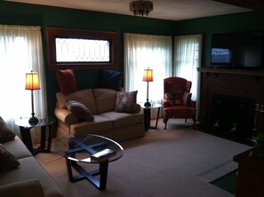 living room with fireplace.