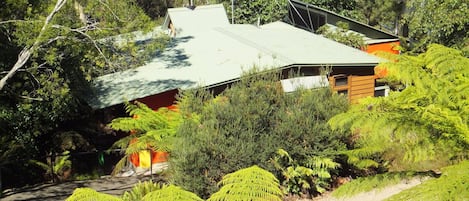 The house is nestled into the bush overlooking Popes Glen