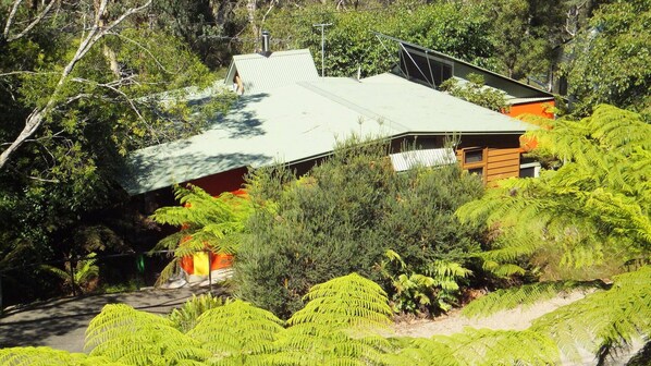 The house is nestled into the bush overlooking Popes Glen