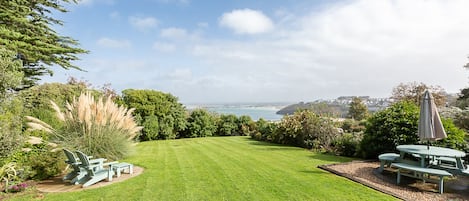 The large private garden enjoys views across St Ives Bay.