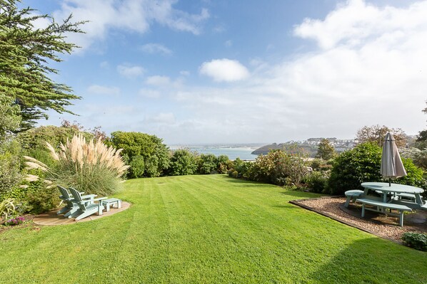 The large private garden enjoys views across St Ives Bay.