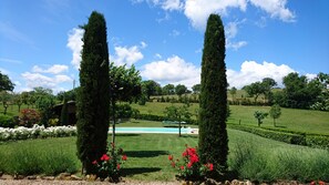 Western view over lawn towards pool