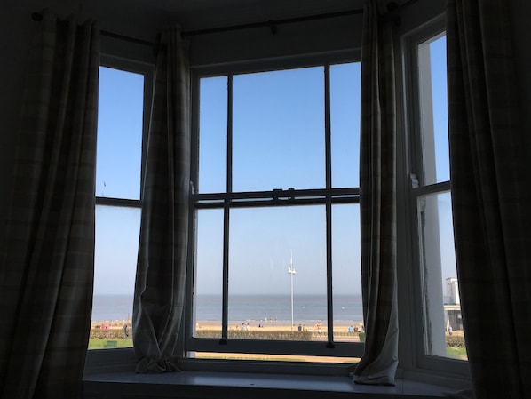 Bay window and seat and stunning sea views in the main lounge of the apartment