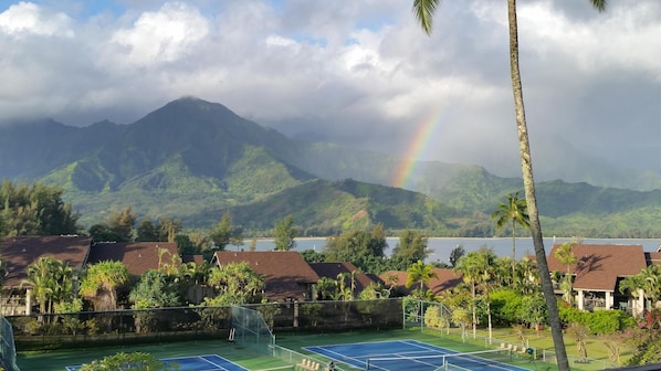 Lanai Views of Hanalei Bay,Mountains Ranges, Waterfalls,Sail Boats and Rainbow