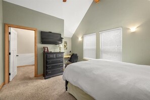 Bedroom, TV, desk in the far right corner