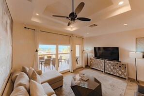 Living area has large smart tv