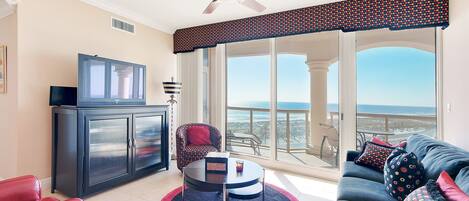 Enjoy Gulf views while relaxing in the living area.