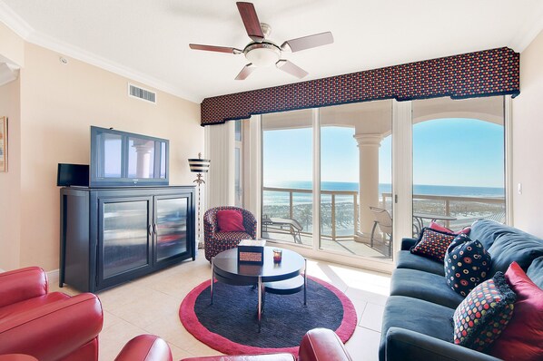 Enjoy Gulf views while relaxing in the living area.