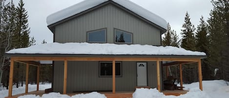 Front of cabin in the winter