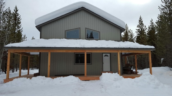 Front of cabin in the winter