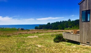 Deck and lawn facing meadow and ocean 