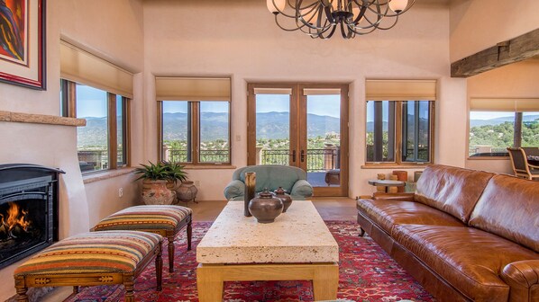 Elegant living room leads to east portal