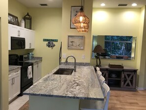 Newly remodeled, fully-stocked kitchen. New granite counters