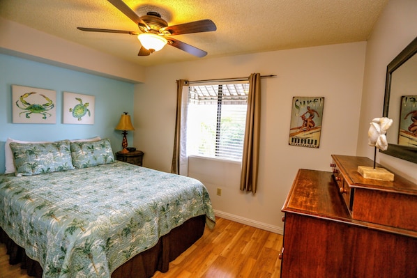 Bedroom with Queen Sized bed and comfortable high quality linens.