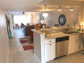 View from kitchen to dining area and living room