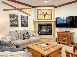 Refined Rustic Retreat #3, living space with plenty of seating, big screen, cable and gas fireplace.