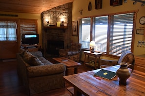 Main Floor Kitchen and LR with wood burning fire place