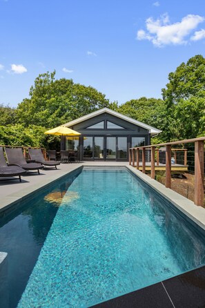 Heated saltwater gunite infinity pool. 