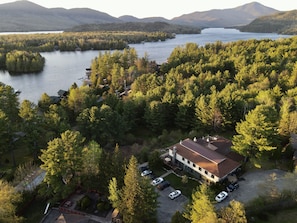 Aerial view of the condo building and the Lake Placid