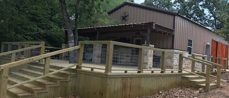 The large front deck overlooking the lake is where we spend most of our time!