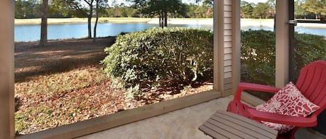 Screened porch is great for morning and sunset views. Screen door is locked.