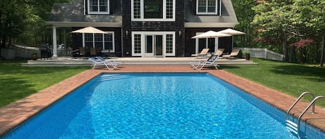 Large 20 x 40 heated pool, brick patio and deck