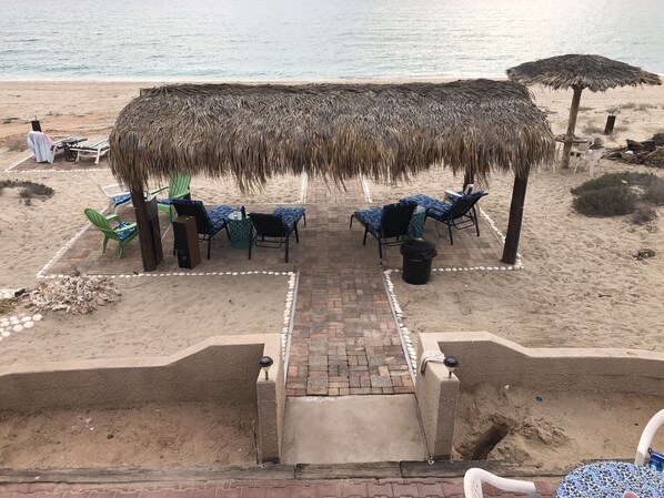 Your Beachfront Palapa Heaven.
Private patios & bathroom here.